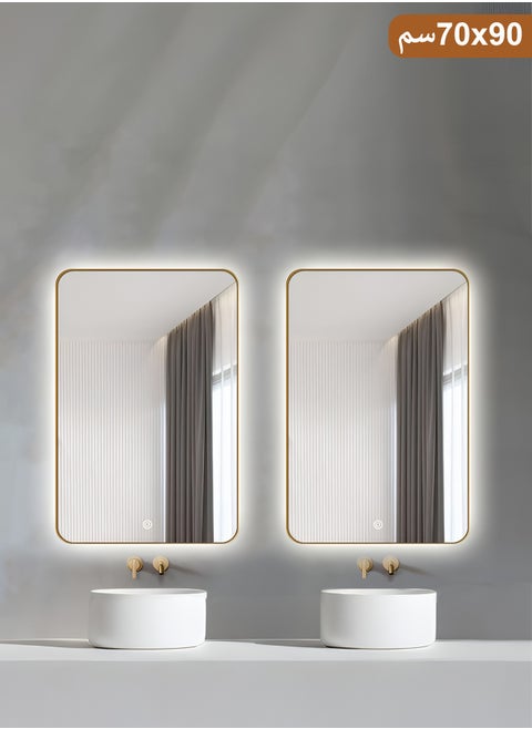 Pack Of 2 Rectangular Wall Mirror with Gold Aluminum Frame, Wall Mounted Mirror with Backlit Touch Control for Bathroom, Living Room, Bedroom, Entryway, Vanity - 90x70cm