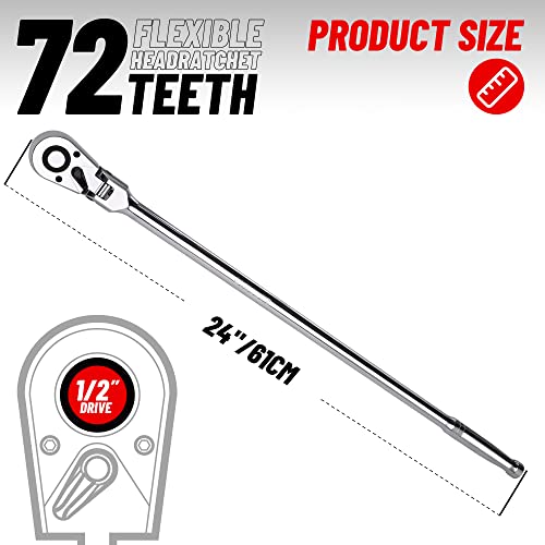 UYECOVE 1/2 Inch Drive Ratchet, Flex Head Ratchet 1/2 Ratchet Long Handle, 72 Tooth Quick Release Swivel Head Ratchet Cr-Mo Head Socket Wrench Flexible Ratchet Handle-24/610mm - Image 5