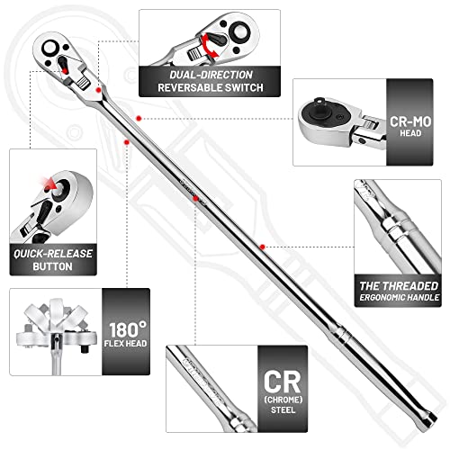 UYECOVE 1/2 Inch Drive Ratchet, Flex Head Ratchet 1/2 Ratchet Long Handle, 72 Tooth Quick Release Swivel Head Ratchet Cr-Mo Head Socket Wrench Flexible Ratchet Handle-24/610mm - Image 2