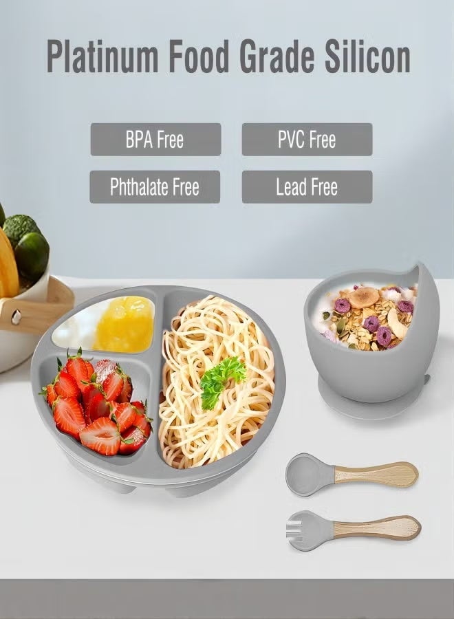 Silicone baby feeding set, 9-piece baby self-feeding tableware set, including suction cup bowls and plates, baby spoons and forks, sippy cups with straws and lids, baby feeding supplies (grey). - Image 2