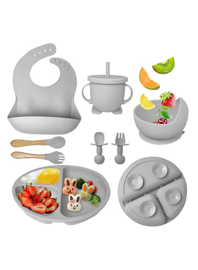 Silicone baby feeding set, 9-piece baby self-feeding tableware set, including suction cup bowls and plates, baby spoons and forks, sippy cups with straws and lids, baby feeding supplies (grey). - Image 1