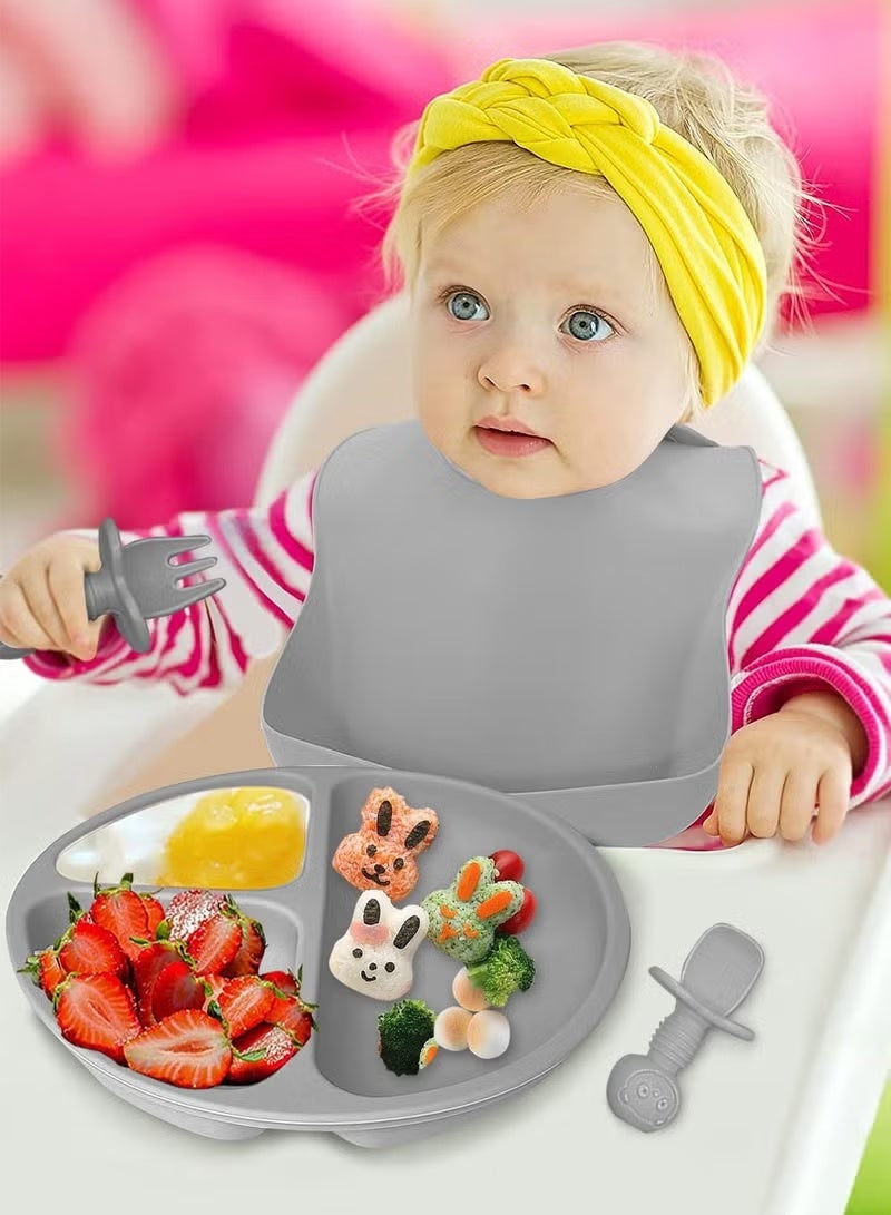 Silicone baby feeding set, 9-piece baby self-feeding tableware set, including suction cup bowls and plates, baby spoons and forks, sippy cups with straws and lids, baby feeding supplies (grey). - Image 5