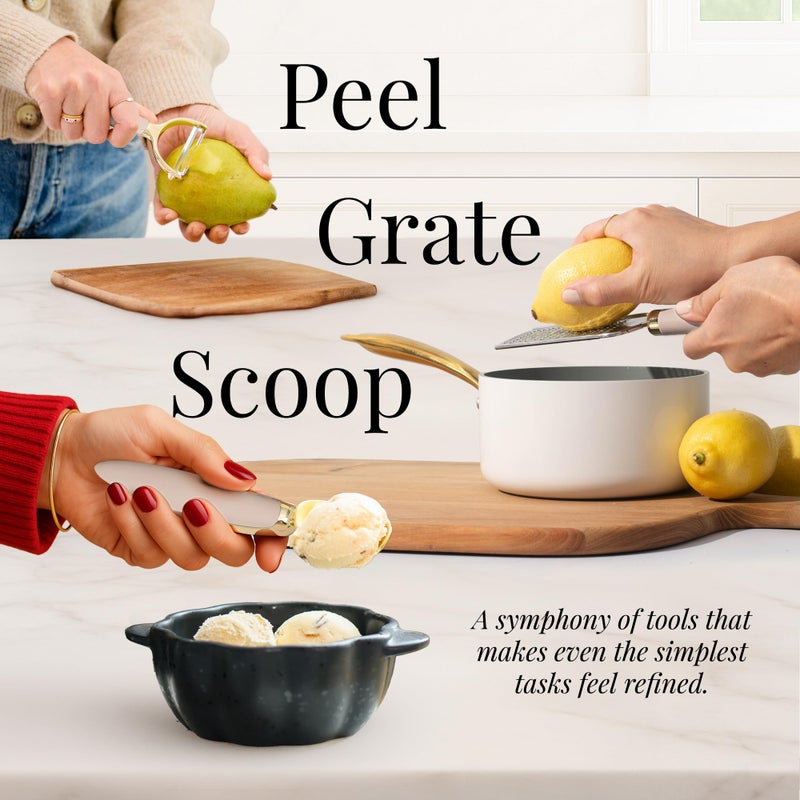 styled settings Gold and Beige Kitchen Utensils Set â€“ 8 PC Cooking Gadgets with Mini Gold Whisk and Tongs, Pizza Cutter, Garlic Press, Cheese Grater, Peeler, Can Opener, Scoops â€“ Stylish Beige Kitchen Accessories - Image 5