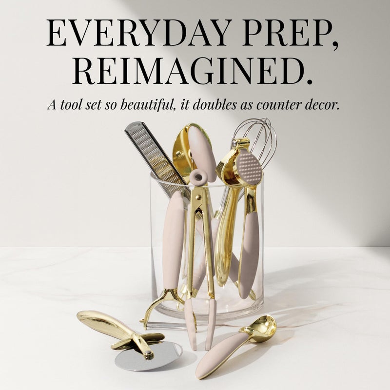 styled settings Gold and Beige Kitchen Utensils Set â€“ 8 PC Cooking Gadgets with Mini Gold Whisk and Tongs, Pizza Cutter, Garlic Press, Cheese Grater, Peeler, Can Opener, Scoops â€“ Stylish Beige Kitchen Accessories - Image 3