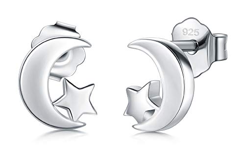 BORUO 925 Sterling Silver Stud Earrings, BoRuo Star & Crescent Moon Post Earrings - Image 1