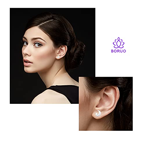 BORUO 925 Sterling Silver Stud Earrings, BoRuo Star & Crescent Moon Post Earrings - Image 3