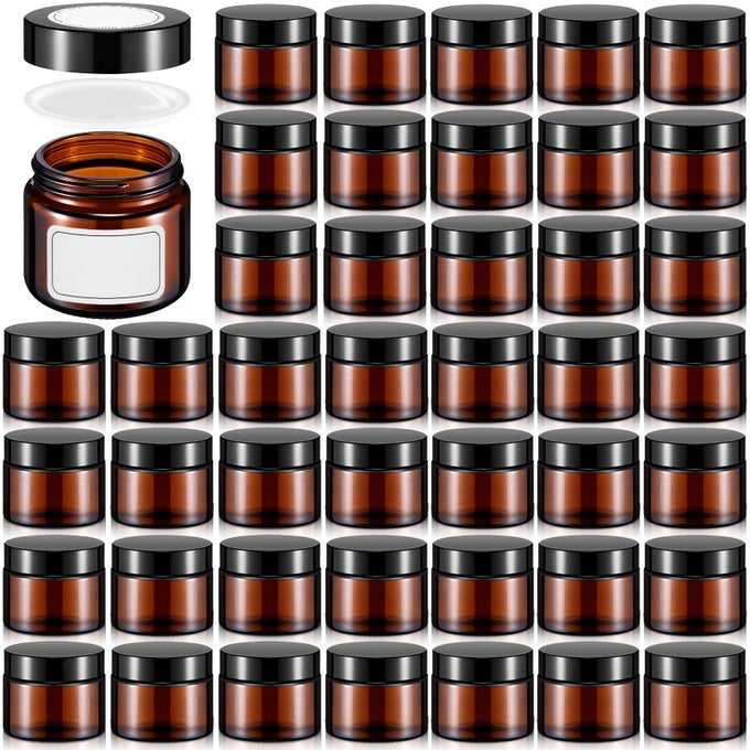 60PCS 2 OZ GLASS JARS WITH LIDS EMPTY ROUND COSMETIC JARS TRAVEL STORAGE JAR WITH INNER LINERS WHITE LABELS FOR SCRUBS LOTIONS COSMETICSPICEPOWDER AND OINTMENTS AMBERBLACK LID