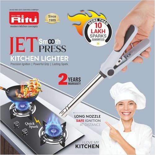 RITU Jet Smooth Press Kitchen Lighter | 2-Handle Soft Press | Waterproof | Heavy Piezo | 10 Lakh Sparks | Gas Stove Lighter for PNG LPG | Stainless Steel Pipe - Image 4