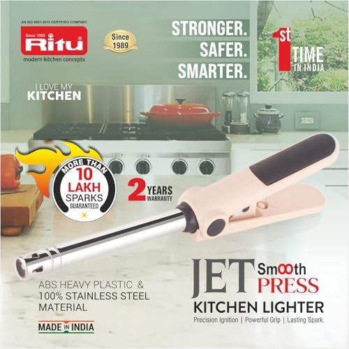 RITU Jet Smooth Press Kitchen Lighter | 2-Handle Soft Press | Waterproof | Heavy Piezo | 10 Lakh Sparks | Gas Stove Lighter for PNG LPG | Stainless Steel Pipe - Image 3