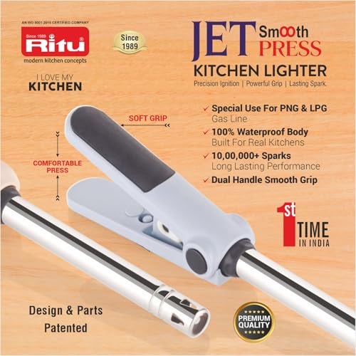 RITU Jet Smooth Press Kitchen Lighter | 2-Handle Soft Press | Waterproof | Heavy Piezo | 10 Lakh Sparks | Gas Stove Lighter for PNG LPG | Stainless Steel Pipe - Image 2