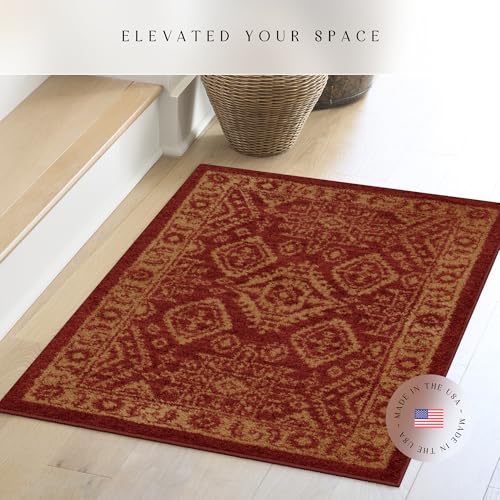 Maples Rugs Georgina Traditional Area Rug Made in USA Washable Non Slip Indoor Carpet for Entryway Foyer Kitchen and Bathroom 26 x 310 RedGold - Image 3