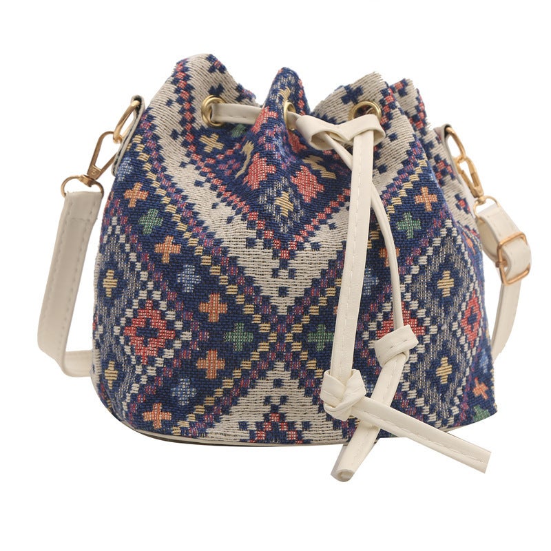 2024 Autumn New Personalized Casual Popular One-Shoulder Ethnic Style Crossbody Drawstring Bucket Bag Women'S Retro - Image 1