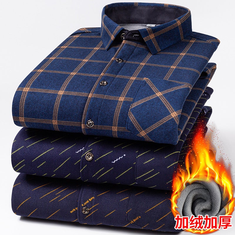Warm Shirt Men'S Winter Velvet Thickened Middle-Aged Plaid Long-Sleeved Shirt Plus Fat Plus Size - Image 2