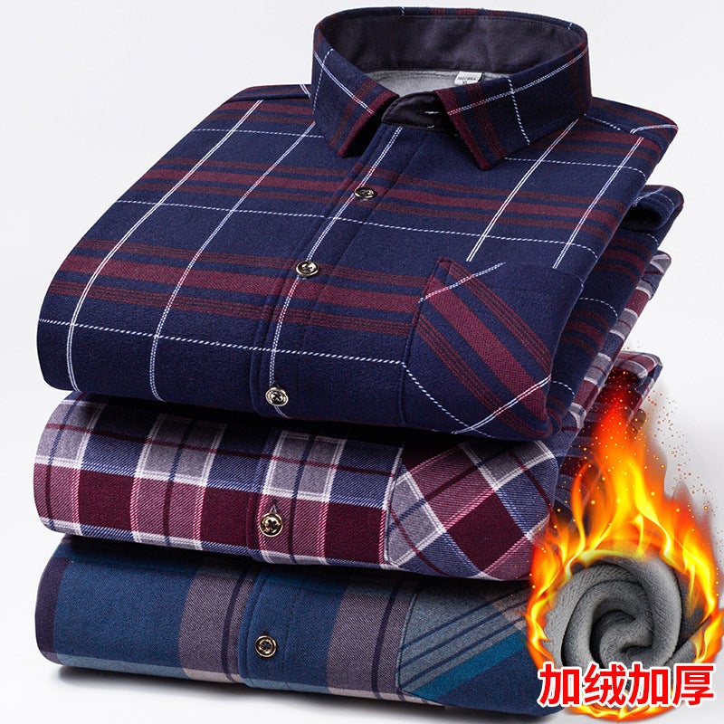 Warm Shirt Men'S Winter Velvet Thickened Middle-Aged Plaid Long-Sleeved Shirt Plus Fat Plus Size - Image 5