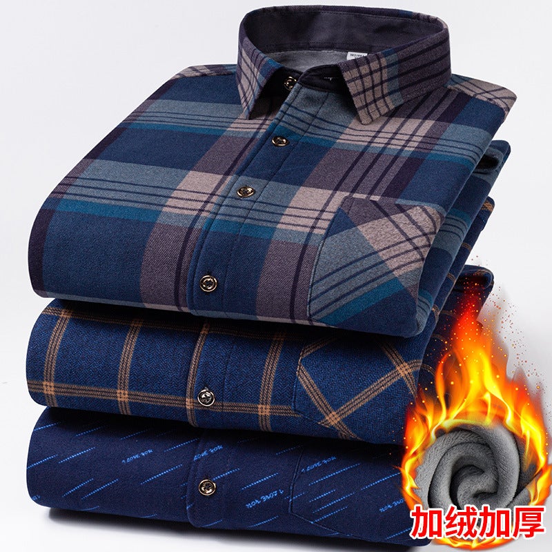 Warm Shirt Men'S Winter Velvet Thickened Middle-Aged Plaid Long-Sleeved Shirt Plus Fat Plus Size - Image 4