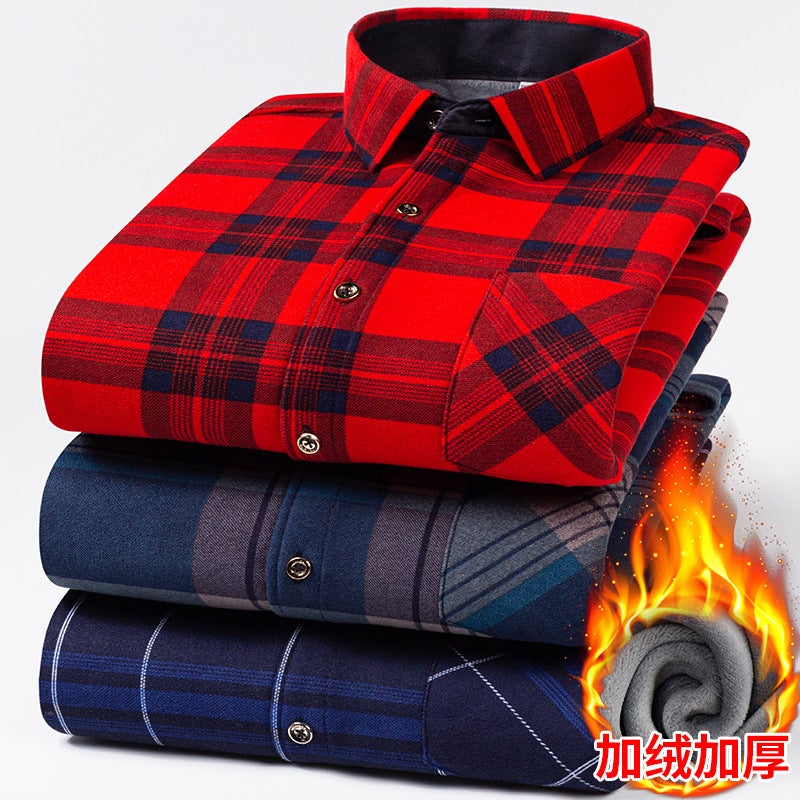 Warm Shirt Men'S Winter Velvet Thickened Middle-Aged Plaid Long-Sleeved Shirt Plus Fat Plus Size - Image 3