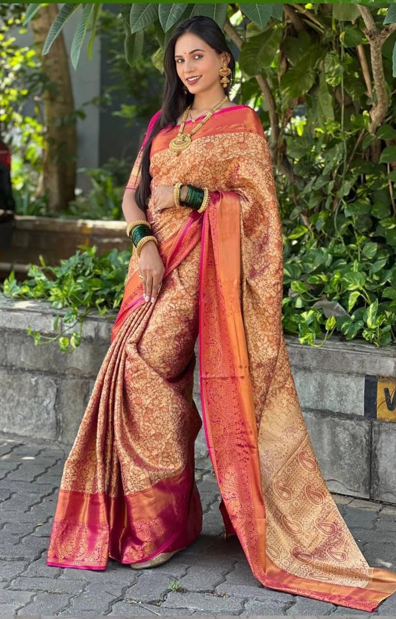 SGF11 Women's Kanjivaram Soft Silk Handloom Sarees With Unstitched Blouse Piece (Pink) - Image 2