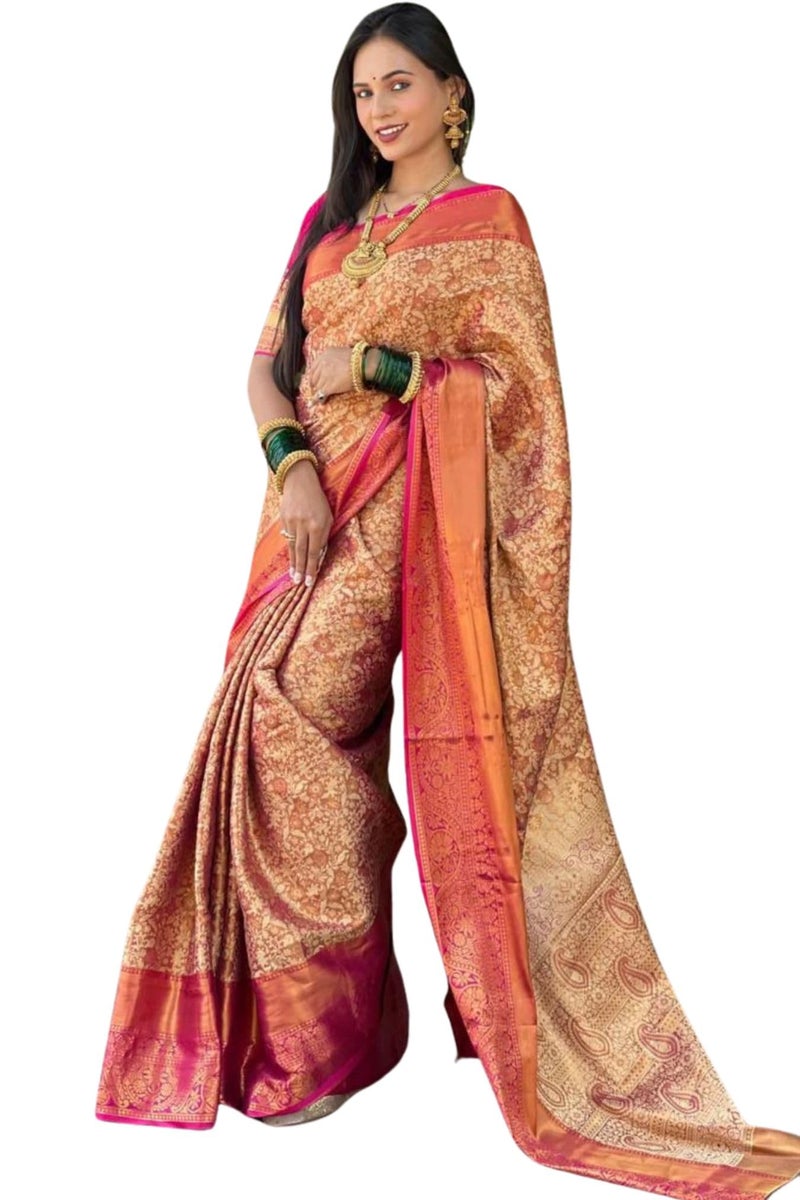 SGF11 Women's Kanjivaram Soft Silk Handloom Sarees With Unstitched Blouse Piece (Pink) - Image 1