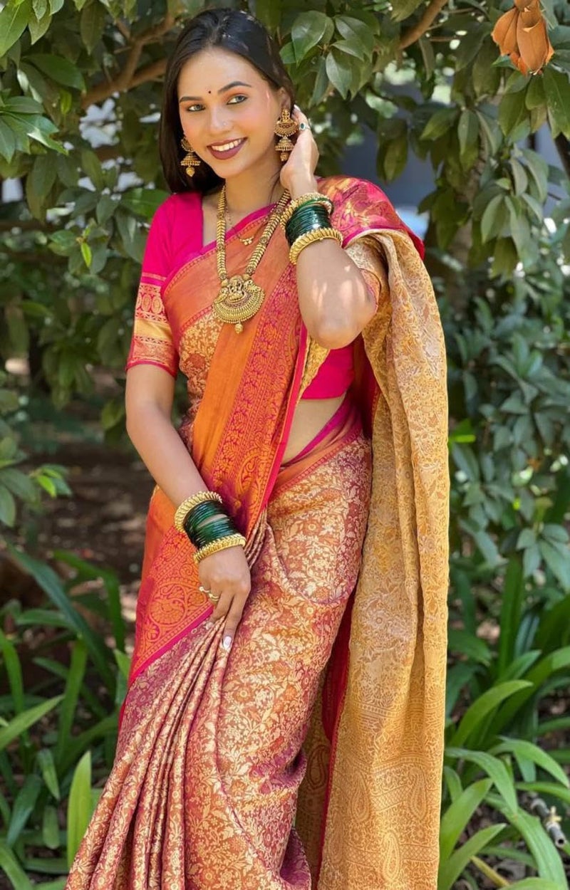 SGF11 Women's Kanjivaram Soft Silk Handloom Sarees With Unstitched Blouse Piece (Pink) - Image 3