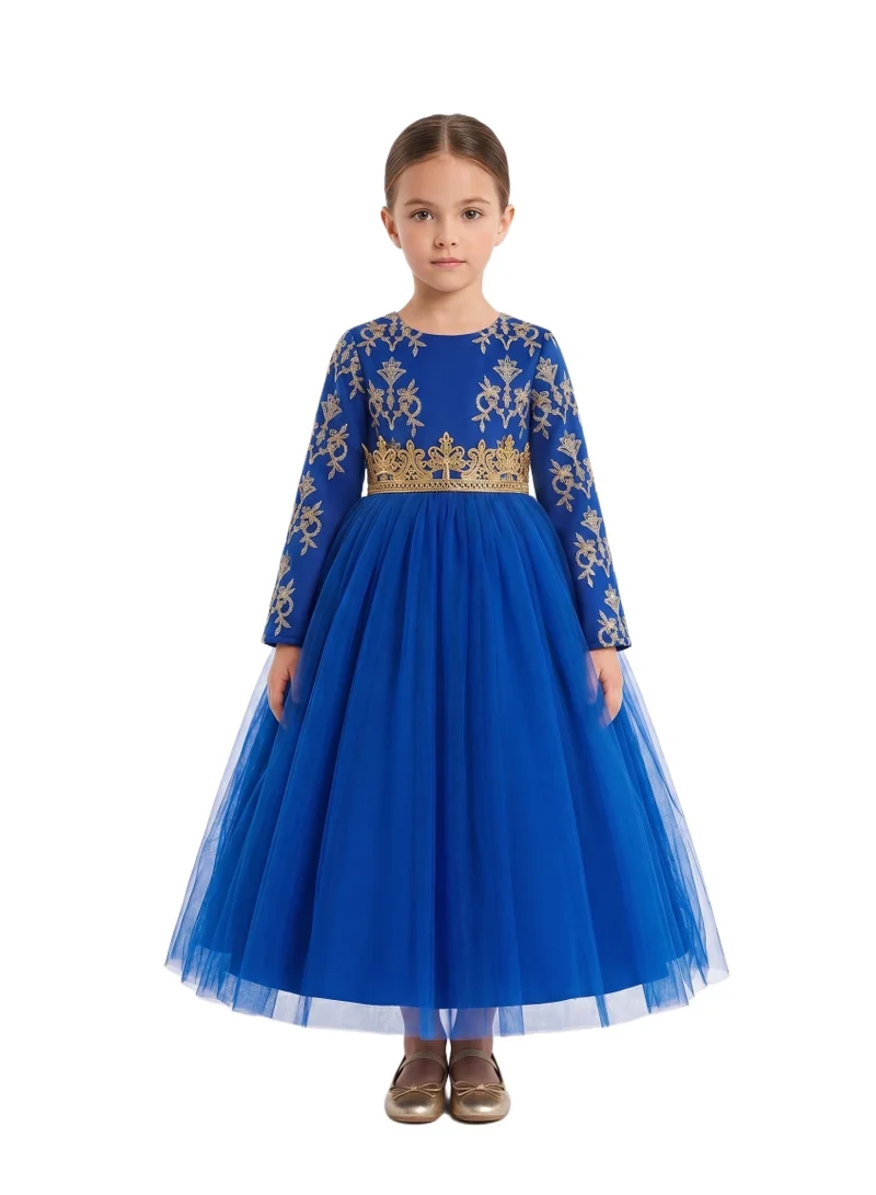 دىدانيالا Girls' Sapphire Blue Gown with Gold Floral Bodice