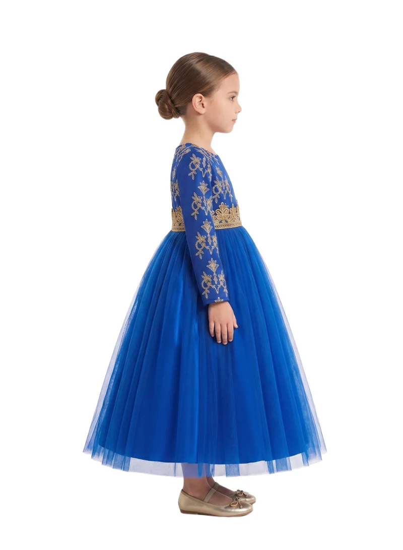 دىدانيالا Girls' Sapphire Blue Gown with Gold Floral Bodice