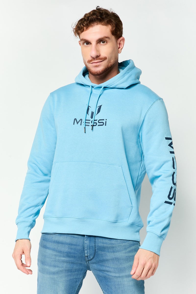 MESSI هودي بأكمام طويلة للرجال بشعار العلامة التجارية، أزرق فاتح - Image 1