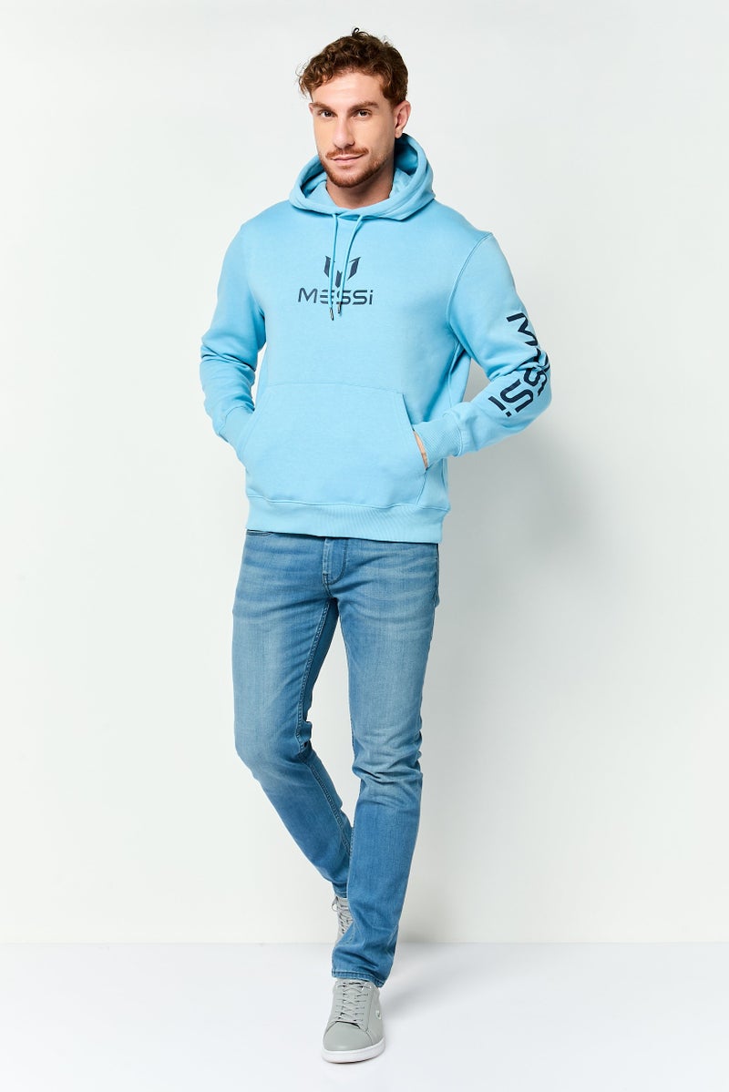 MESSI Men Brand Logo Long Sleeve Hoodie, Light Blue - Image 2