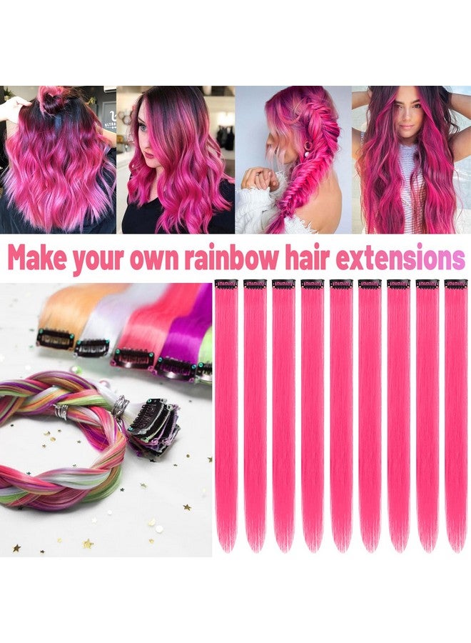 TOFAFA 22 inch Colored Hair Extensions Straight Hairpiece, Colorful Party Highlights Clip in Long Synthetic Hair Extensions for Women Kids Girls Favor Gift(10 PCS Hot Pink) - Image 2