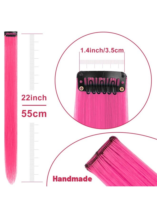 TOFAFA 22 inch Colored Hair Extensions Straight Hairpiece, Colorful Party Highlights Clip in Long Synthetic Hair Extensions for Women Kids Girls Favor Gift(10 PCS Hot Pink) - Image 4