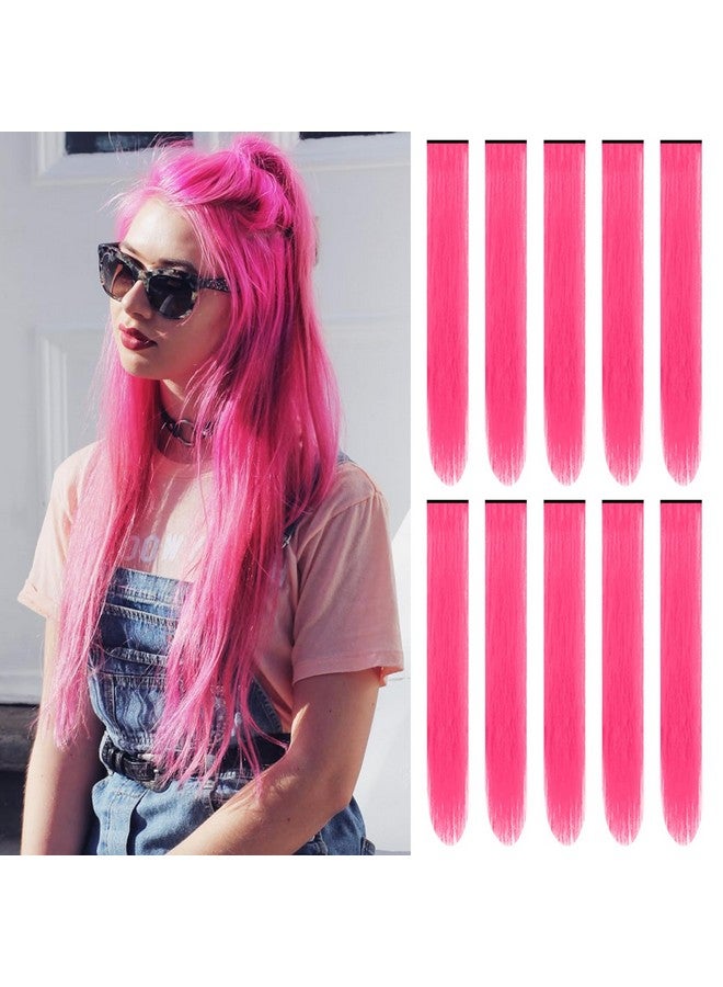 TOFAFA 22 inch Colored Hair Extensions Straight Hairpiece, Colorful Party Highlights Clip in Long Synthetic Hair Extensions for Women Kids Girls Favor Gift(10 PCS Hot Pink) - Image 1
