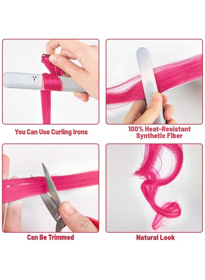 TOFAFA 22 inch Colored Hair Extensions Straight Hairpiece, Colorful Party Highlights Clip in Long Synthetic Hair Extensions for Women Kids Girls Favor Gift(10 PCS Hot Pink) - Image 5