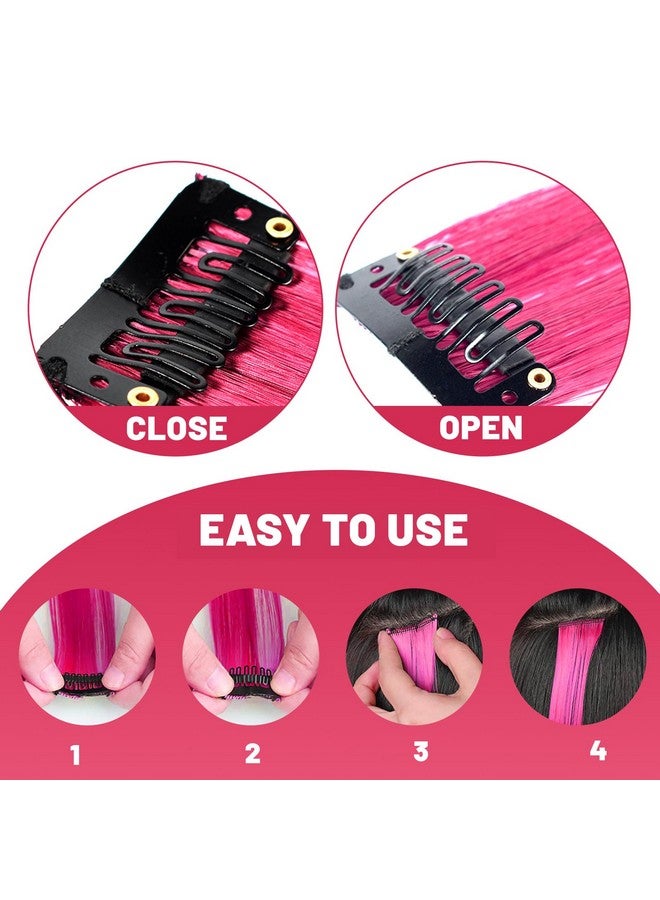 TOFAFA 22 inch Colored Hair Extensions Straight Hairpiece, Colorful Party Highlights Clip in Long Synthetic Hair Extensions for Women Kids Girls Favor Gift(10 PCS Hot Pink) - Image 3