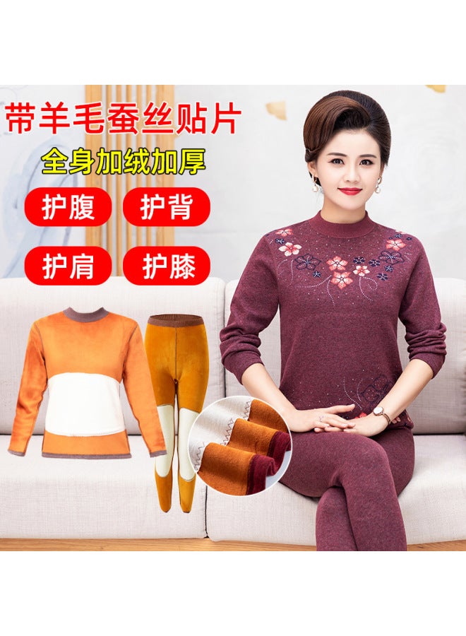 Middle-aged And Elderly Warm Suit Mom And Dad Winter Fleece-lined Thick Thermal Underwear Elderly Winter Bottoming Clothes Warm