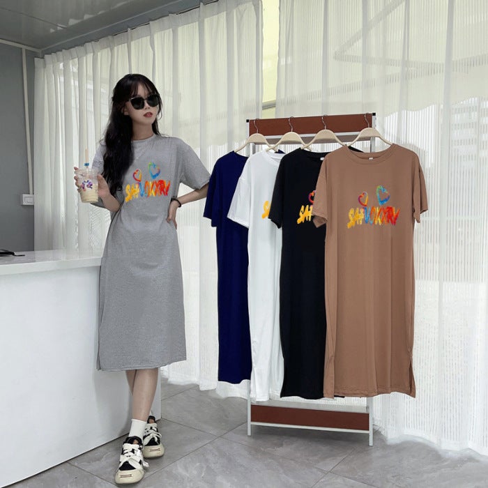 Letter Printing Loose Slim-fit Simple Dress Womens Summer Large Size Chubby Girls New Casual Over-the-knee T-shirt Long Dress dark gray - Image 4