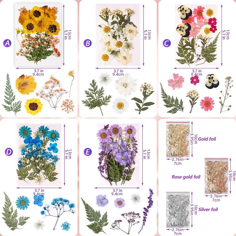 Bluejw 5pcs/pack Natural Dried Flowers & 3 Colors Foil Flakes – Fresh Real Pressed Dried Plants for Resin Art, Crafts, and Decorations - Image 1