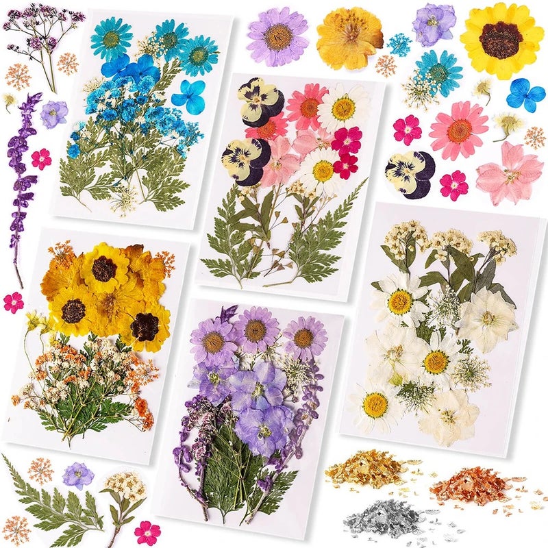 Bluejw 5pcs/pack Natural Dried Flowers & 3 Colors Foil Flakes – Fresh Real Pressed Dried Plants for Resin Art, Crafts, and Decorations - Image 2