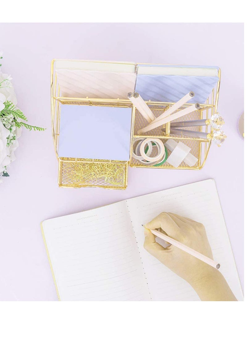 SYOSI - Desk Organizer, Mesh Office Supplies Desk Accessories, Features 5 Compartments + 1 Mini Sliding Drawer, All in one Office Supplies, Office Desk Organizers and Storage Plating Gold - Image 1