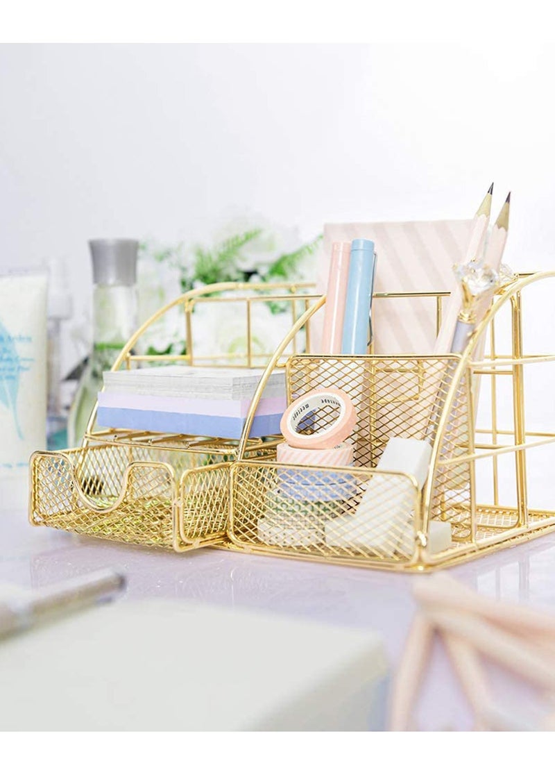 SYOSI - Desk Organizer, Mesh Office Supplies Desk Accessories, Features 5 Compartments + 1 Mini Sliding Drawer, All in one Office Supplies, Office Desk Organizers and Storage Plating Gold - Image 1