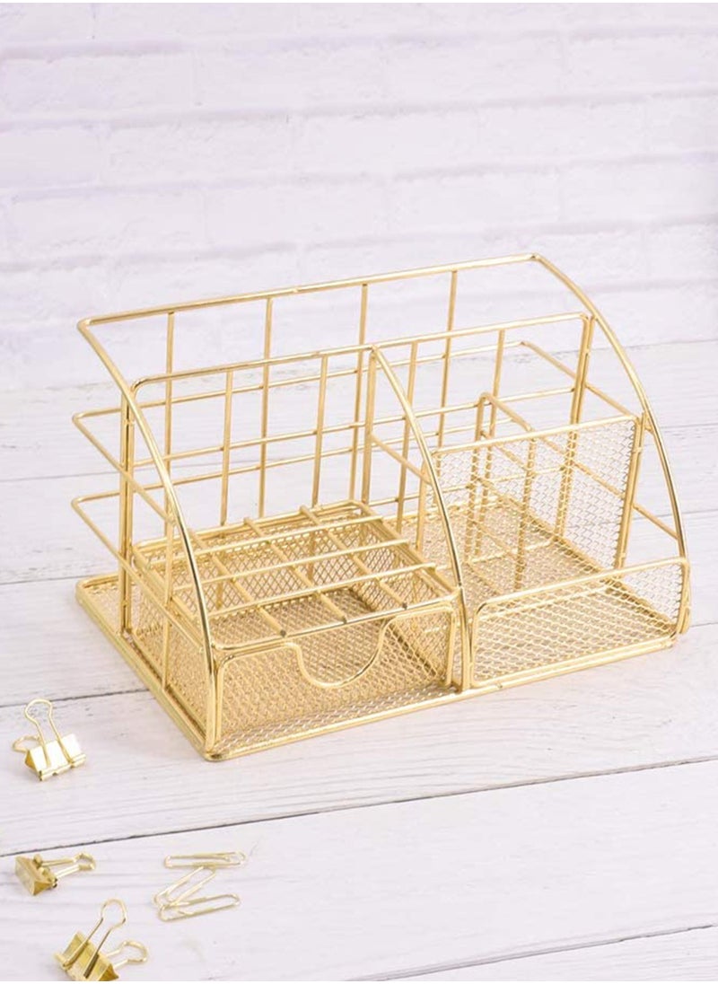 SYOSI - Desk Organizer, Mesh Office Supplies Desk Accessories, Features 5 Compartments + 1 Mini Sliding Drawer, All in one Office Supplies, Office Desk Organizers and Storage Plating Gold - Image 1