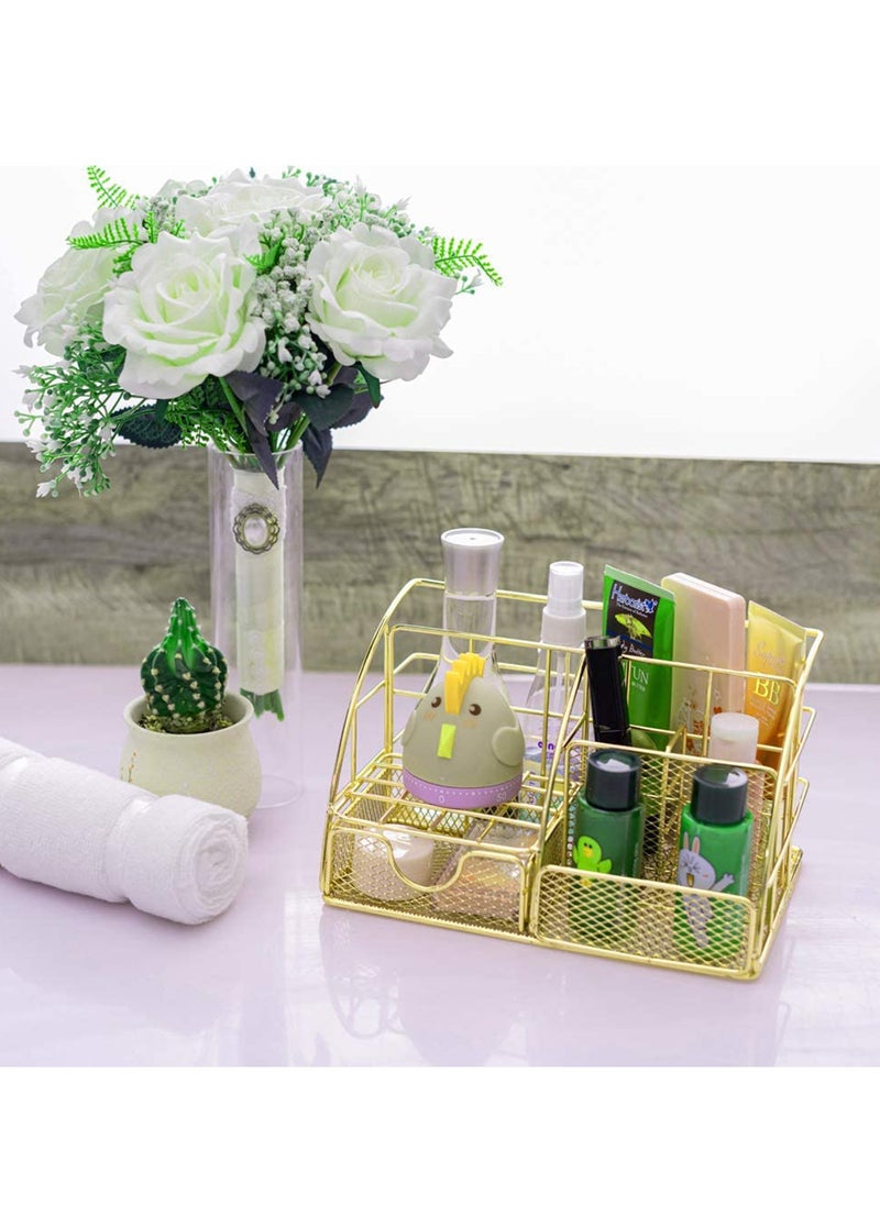 SYOSI - Desk Organizer, Mesh Office Supplies Desk Accessories, Features 5 Compartments + 1 Mini Sliding Drawer, All in one Office Supplies, Office Desk Organizers and Storage Plating Gold - Image 1