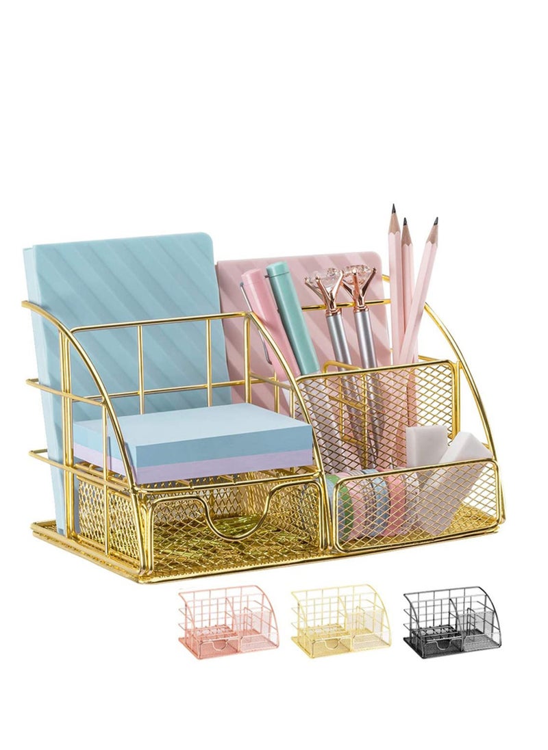 SYOSI - Desk Organizer, Mesh Office Supplies Desk Accessories, Features 5 Compartments + 1 Mini Sliding Drawer, All in one Office Supplies, Office Desk Organizers and Storage Plating Gold - Image 1