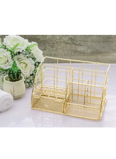 Desk Organizer, Mesh Office Supplies Desk Accessories, Features 5 Compartments + 1 Mini Sliding Drawer, All in one Office Supplies, Office Desk Organizers and Storage Plating Gold