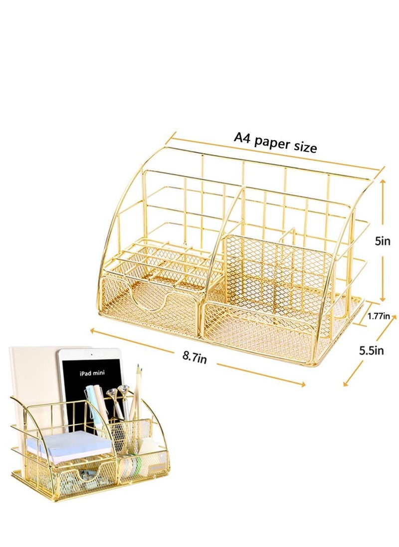 SYOSI - Desk Organizer, Mesh Office Supplies Desk Accessories, Features 5 Compartments + 1 Mini Sliding Drawer, All in one Office Supplies, Office Desk Organizers and Storage Plating Gold - Image 1
