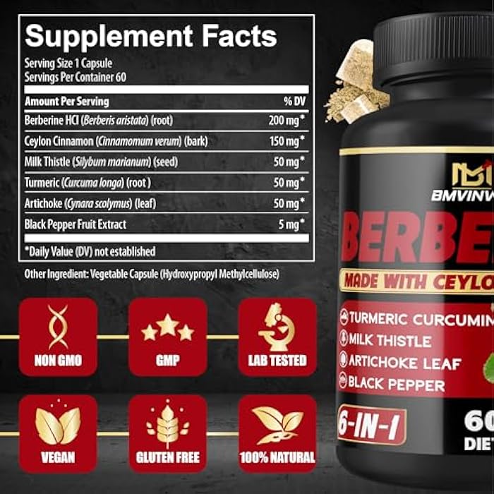 BMVINVOL Berberine Supplement with Ceylon Cinnamon, Turmeric, Artichoke, Milk Thistle - Berberine HCl Supplement Pills - 60 Capsules [2-Month Supply] - Image 2