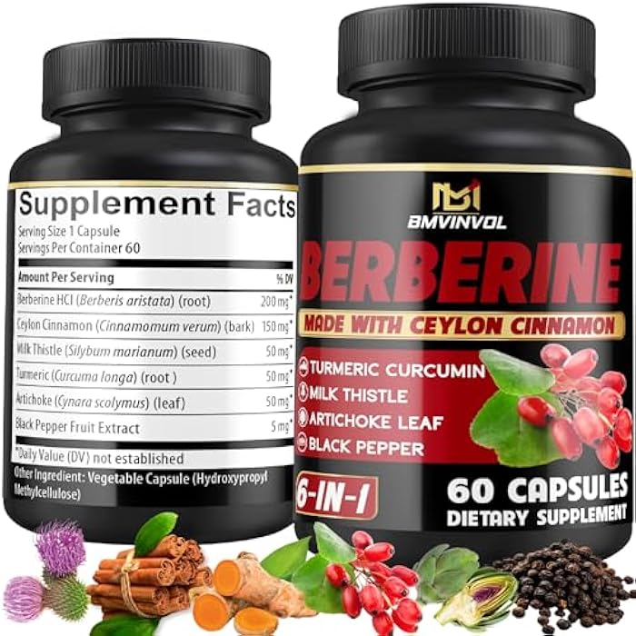 BMVINVOL Berberine Supplement with Ceylon Cinnamon, Turmeric, Artichoke, Milk Thistle - Berberine HCl Supplement Pills - 60 Capsules [2-Month Supply] - Image 1