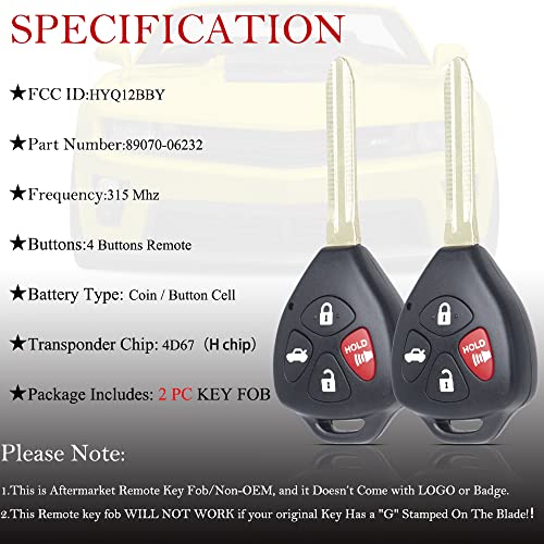 MechanMagic Key Fob Remote Replacement Fits for Toyota Camry 2007 2008 2009 2010 2011/Corolla 2009-2010 HYQ12BBY Keyless Entry Remote Control 89070-06232(Pack of 2) - Image 4
