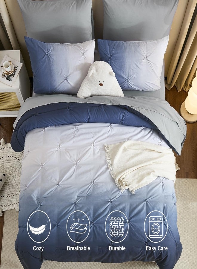 Dinjoy Ombre Comforter Set Queen Size, 7-Piece Bed in a Bag for All Season, Pintuck Colorful Rainbow Bedding Sets with Comforter, Flat Sheet, Fitted Sheet and Pillowcases & Shams, Blue - Image 3