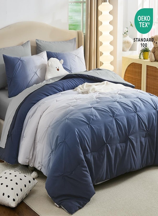 Dinjoy Ombre Comforter Set Queen Size, 7-Piece Bed in a Bag for All Season, Pintuck Colorful Rainbow Bedding Sets with Comforter, Flat Sheet, Fitted Sheet and Pillowcases & Shams, Blue - Image 5