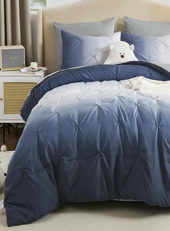Dinjoy Ombre Comforter Set Queen Size, 7-Piece Bed in a Bag for All Season, Pintuck Colorful Rainbow Bedding Sets with Comforter, Flat Sheet, Fitted Sheet and Pillowcases & Shams, Blue - Image 2