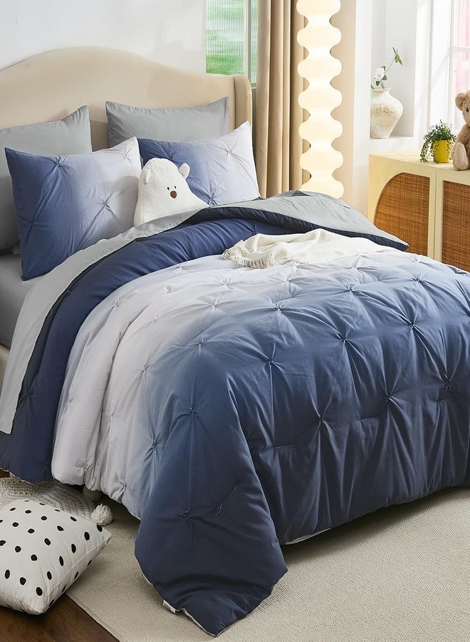 Dinjoy Ombre Comforter Set Queen Size, 7-Piece Bed in a Bag for All Season, Pintuck Colorful Rainbow Bedding Sets with Comforter, Flat Sheet, Fitted Sheet and Pillowcases & Shams, Blue - Image 1